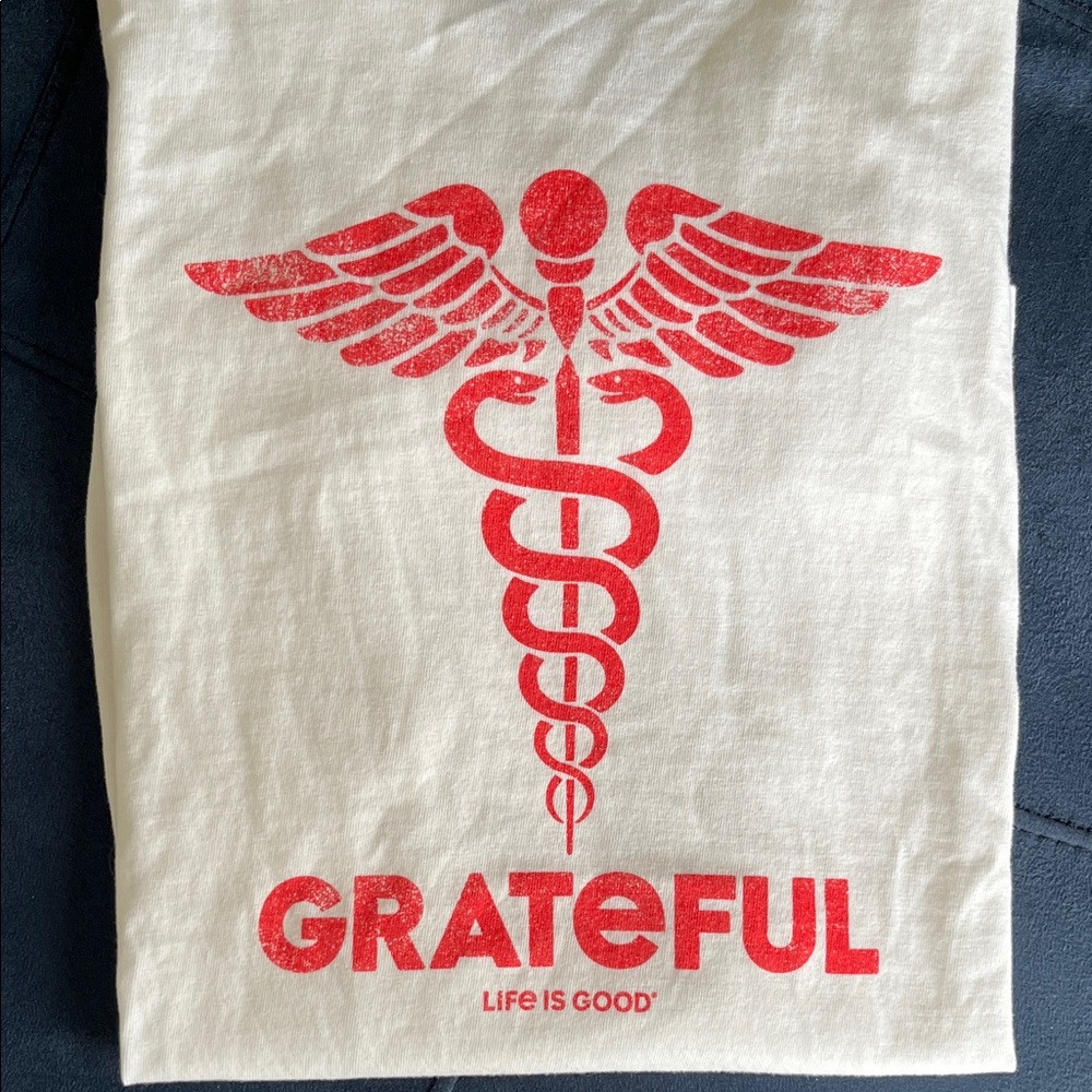 Life Is Good White Tee with Red Grateful Design